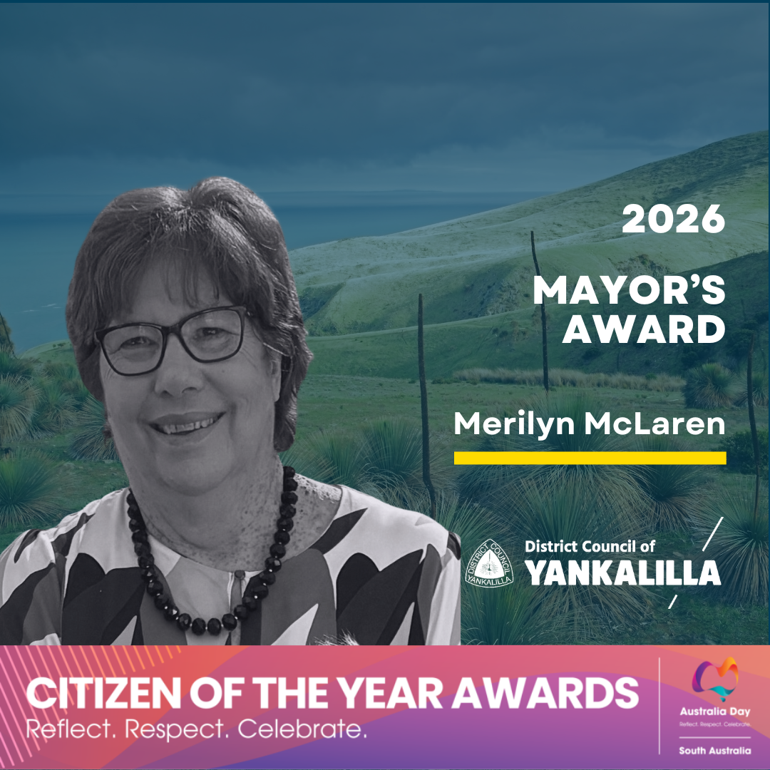 Photograph promoting the 2026 Mayor's Award featuring Merilyn McLaren, presented by District Council of Yankalilla. The design includes a natural landscape background, bold white text, a yellow underline beneath the winner's name, and a pink and purple banner at the bottom with the Australia Day South Australia logo and the tagline "Reflect. Respect. Celebrate."