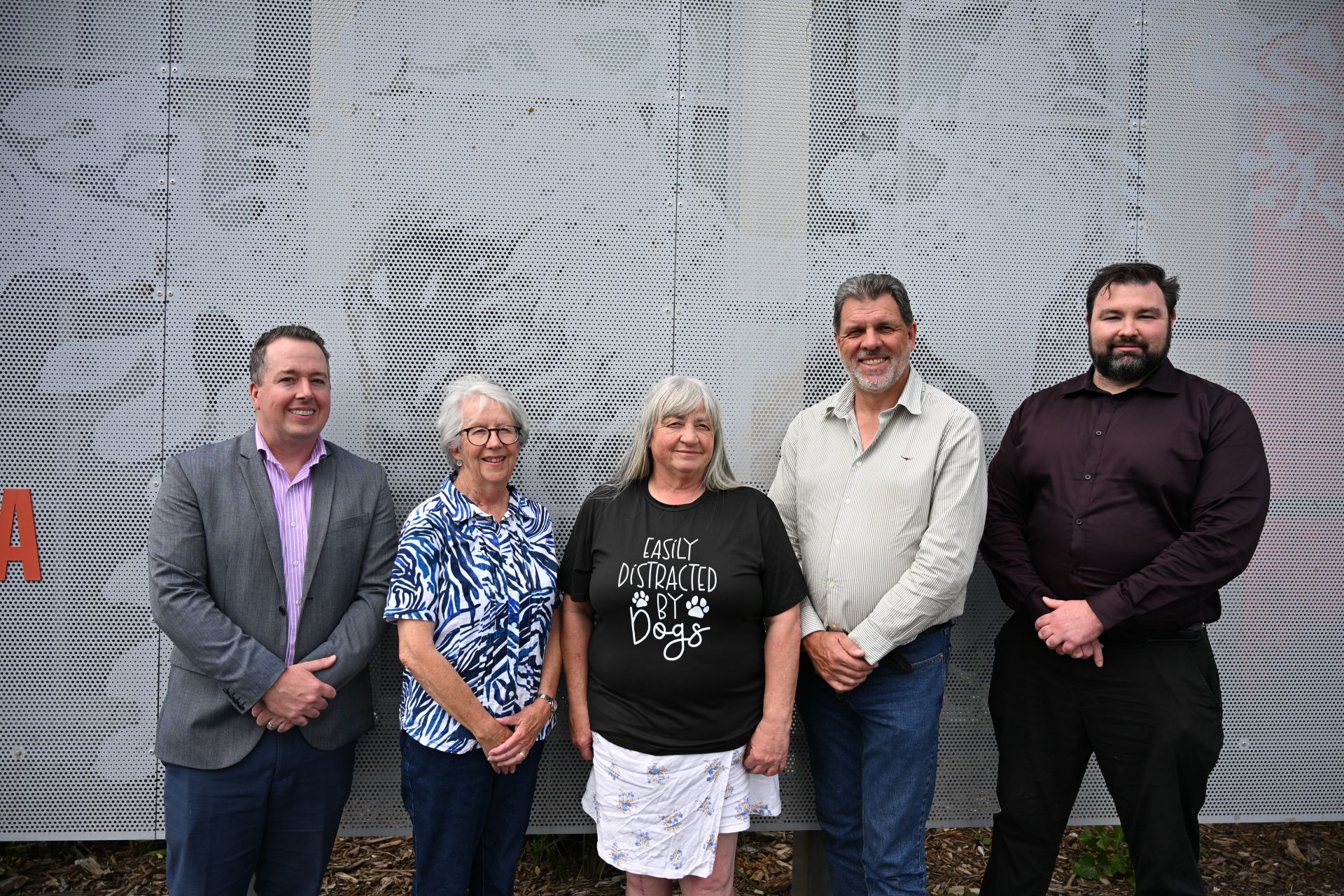 CEO Nathan Cunningham, Lorraine Felix, Amanda Crossley, Mayor Darryl Hourton and Nick Noack (Operations Business Manager) standing and smiling at the camera