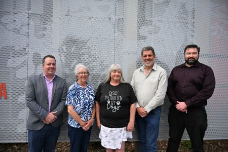 CEO Nathan Cunningham, Lorraine Felix, Amanda Crossley, Mayor Darryl Hourton and Nick Noack (Operations Business Manager) standing and smiling at the camera