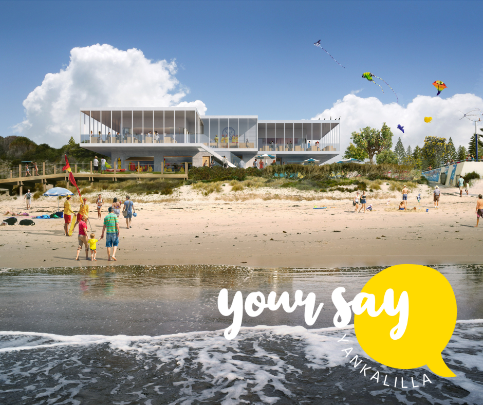 A photo taken from the end of the jetty, looking back to the beach and the Normanville SLSC and Cafe/Kiosk