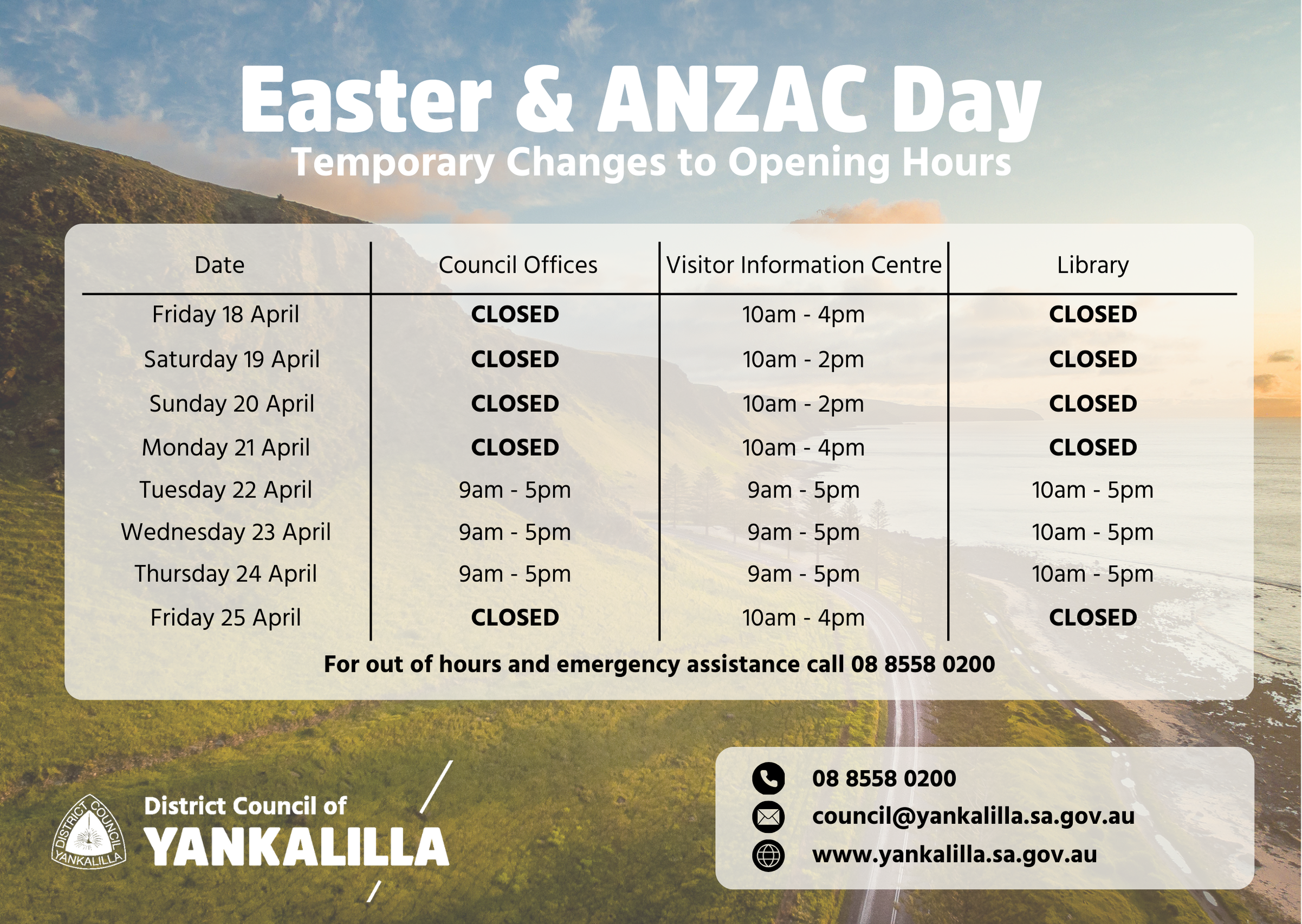 An image with the opening hours for Easter and ANZAC Day