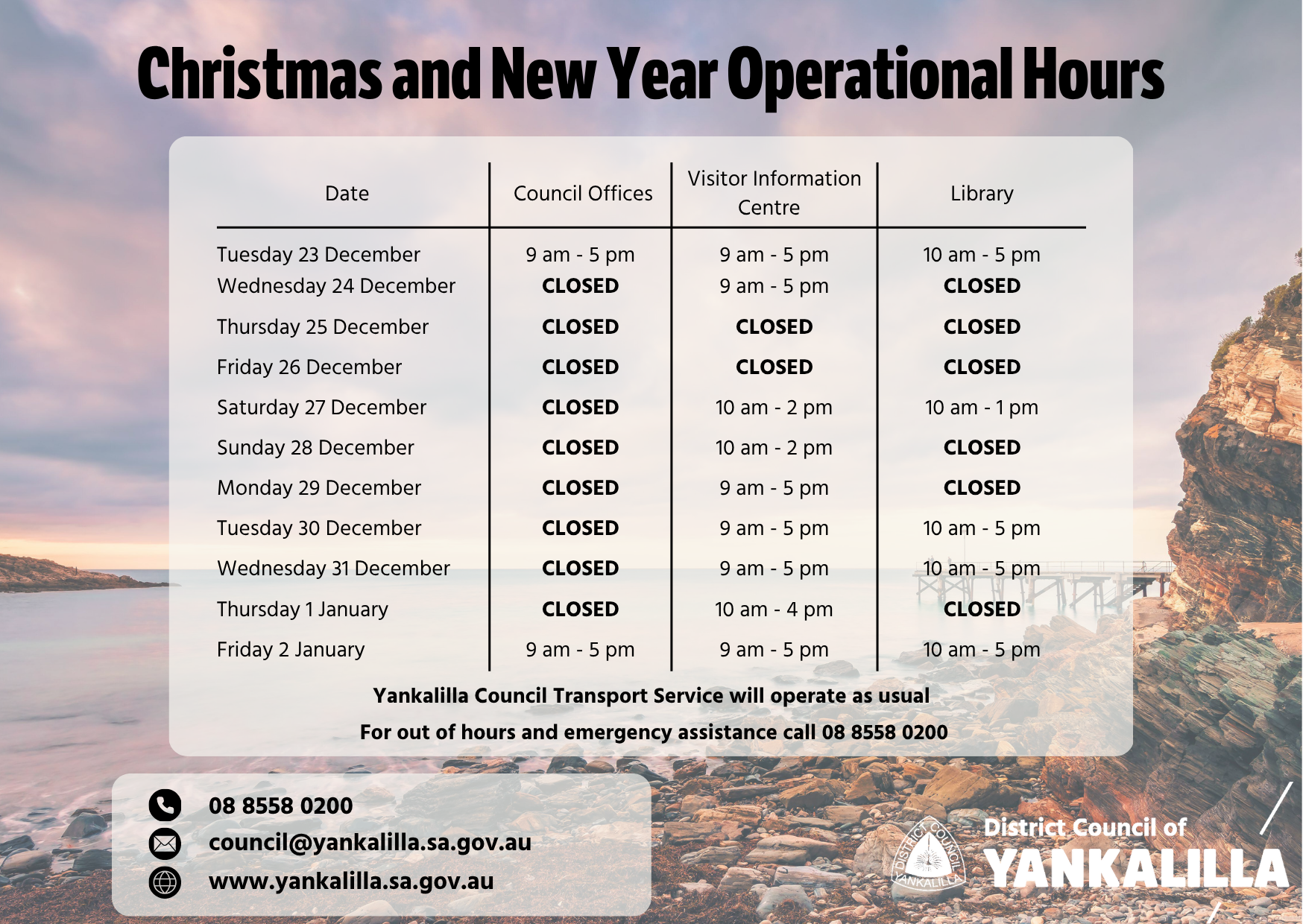 Christmas and New Year operational hours (replicated in the table below)